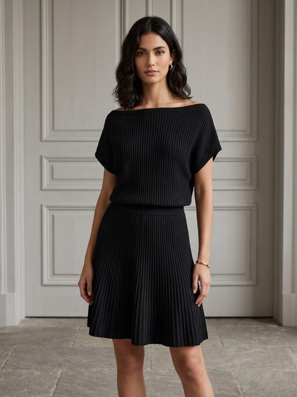 Maeve Black Ribbed Knit Mini Dress